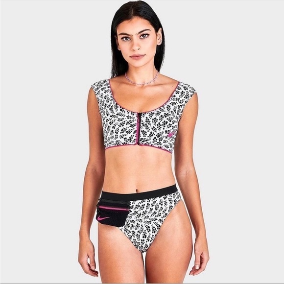 Nike Black White Pink Party Dots Crop Bikini top & High Waist Bottom 2 Piece Set - Picture 1 of 8